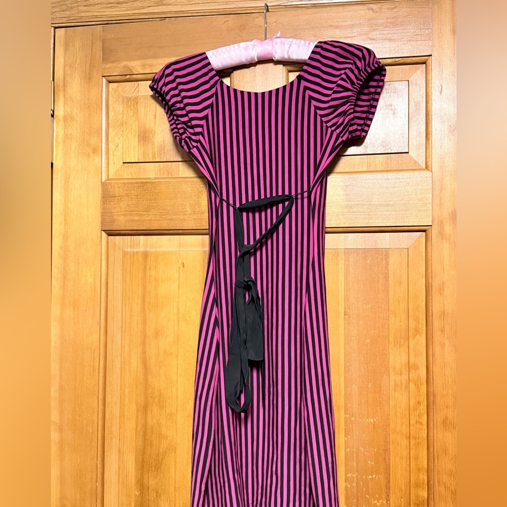 Vintage Y2K Betsey Johnson Hot Pink Black Stripe Midi Dress medium sexy - Picture 3 of 9